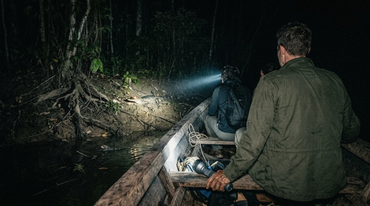 Caiman eyes lit by a torch on a night boat ride on a 2-day Puerto Maldonado Amazon tour, Tambopata, Peru