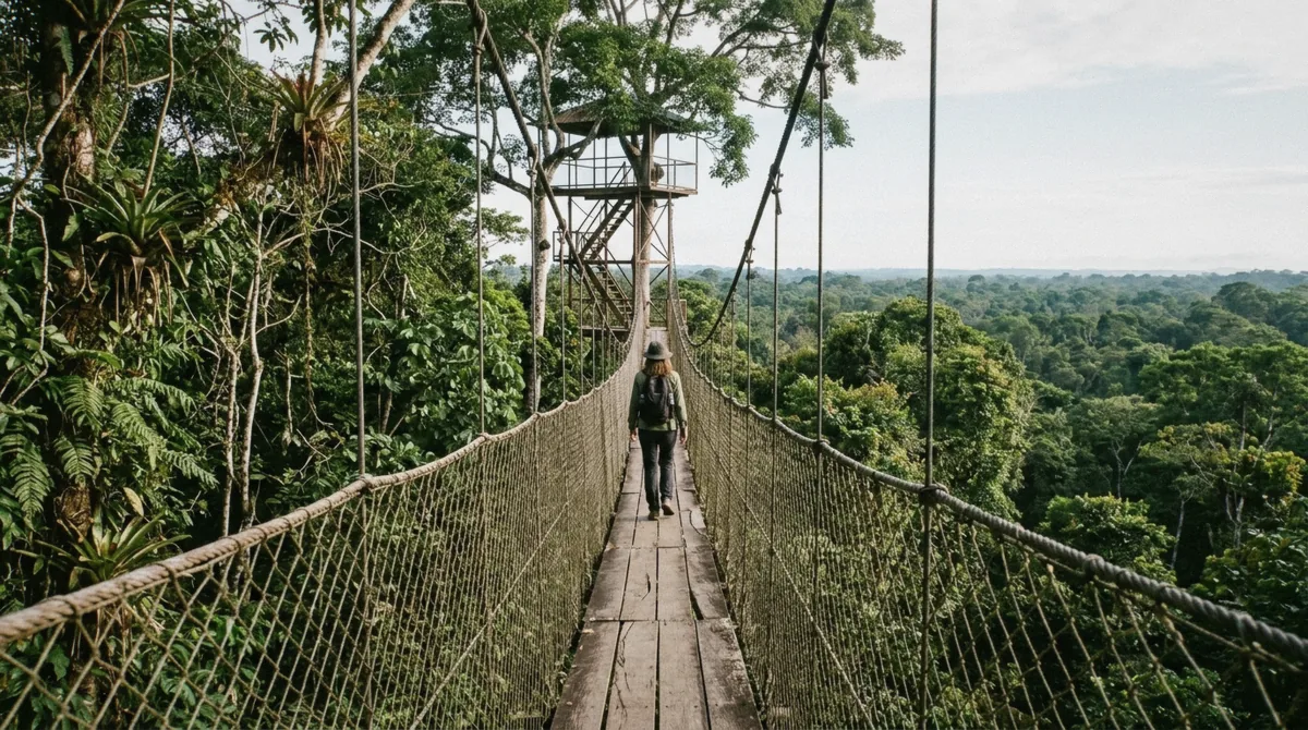 Canopy walkway above the rainforest on a Puerto Maldonado Amazon tour in the Tambopata National Reserve, Peru