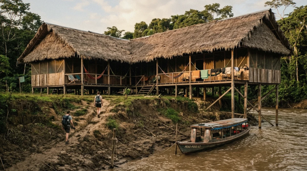 Jungle lodge on the Tambopata River with a moored riverboat below, the base for multi-day Puerto Maldonado Amazon tours in Peru