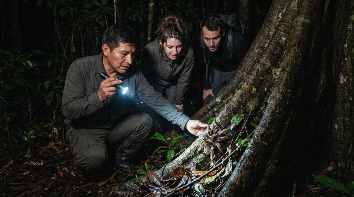 Guide's torch lighting a tarantula on a night walk in the Tambopata reserve on a Puerto Maldonado Amazon tour, Peru