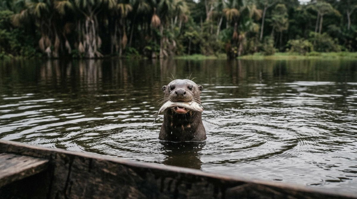 Giant river otter surfacing on Sandoval Lake with a fish, seen from a canoe on a Puerto Maldonado Amazon tour in Tambopata, Peru