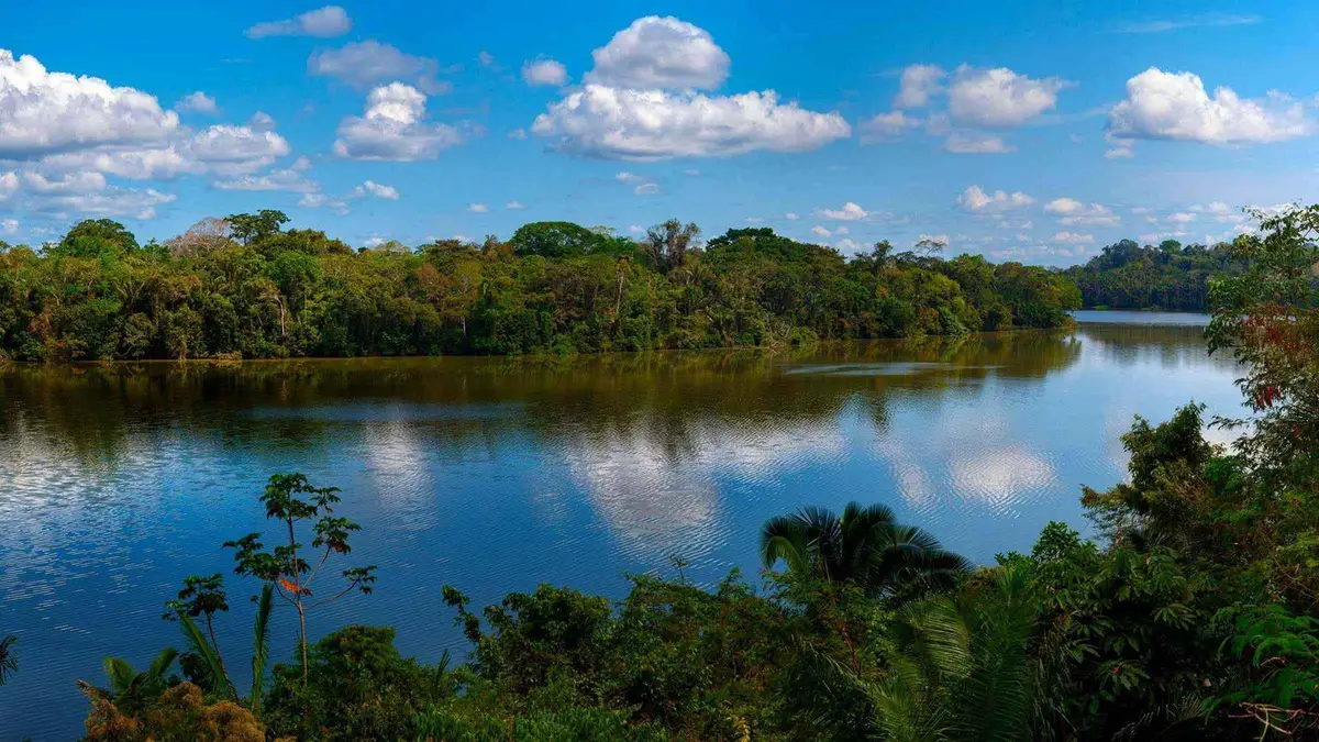 Fishing from a canoe on Lake Yacumama near Puerto Maldonado on a half-day Amazon tour, Madre de Dios, Peru